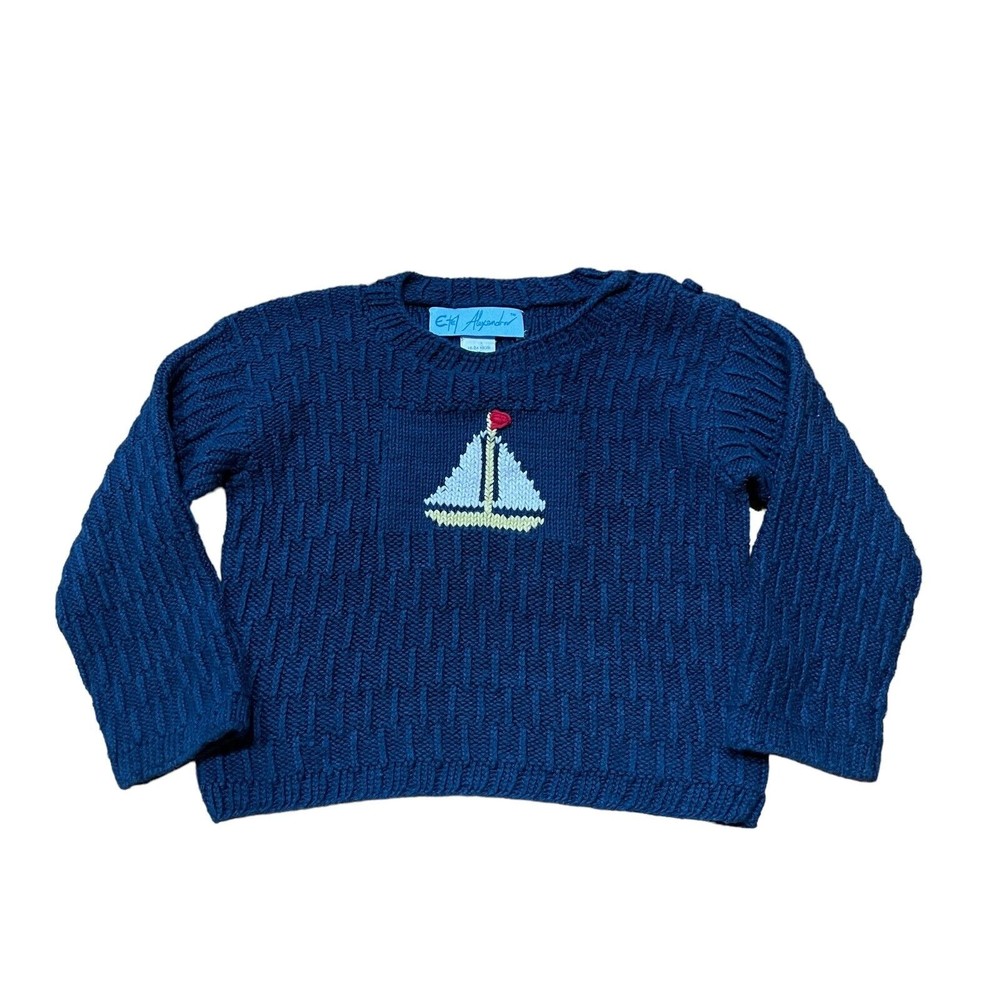 Etel Alexandrov Boys Hand Knit Sweater Size 18-24 Months Blue Cotton Boat